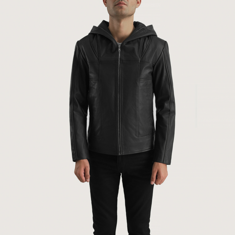 Mens Spratt Black Hooded Leather Jacket Close Front-5-1700228942796